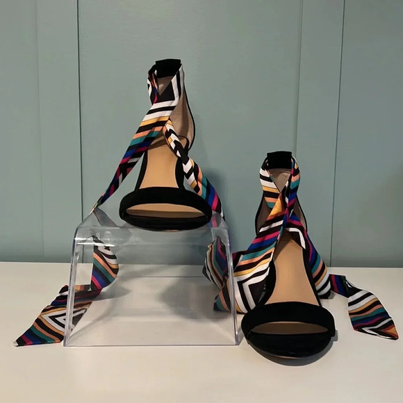 INC Faux Velvet ‘Kanata’ Single Strap Striped Ribbon Ankle Tie 3” Heels. Size 9. - Picture 3 of 13